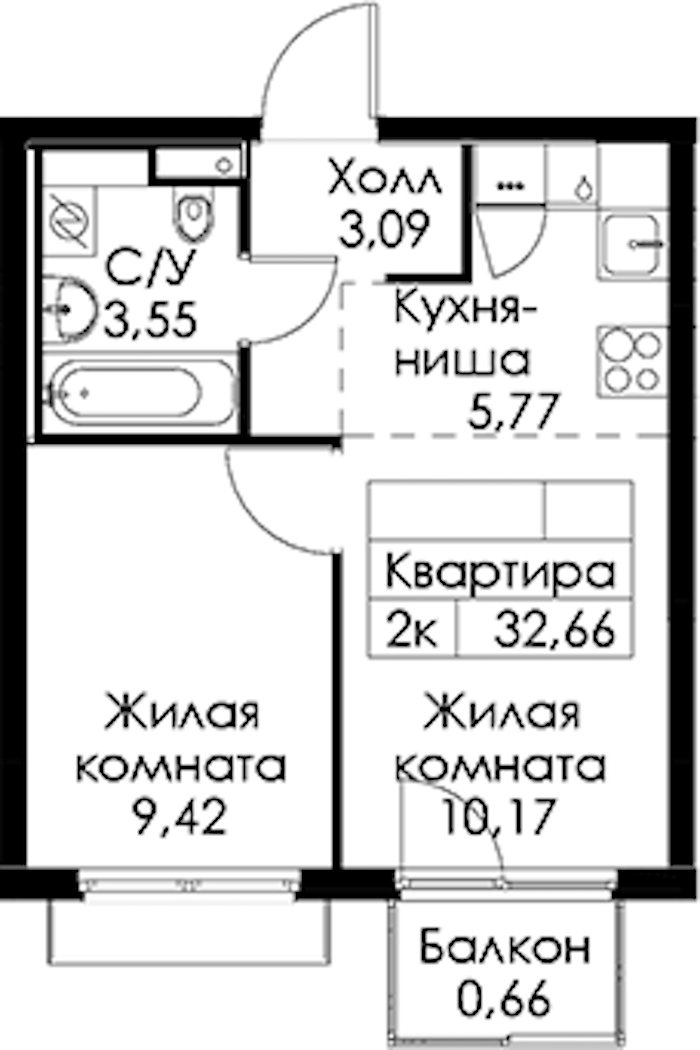 1-комнатная квартира 32.66 м², 12/24 эт., ЖК «Заречный парк»